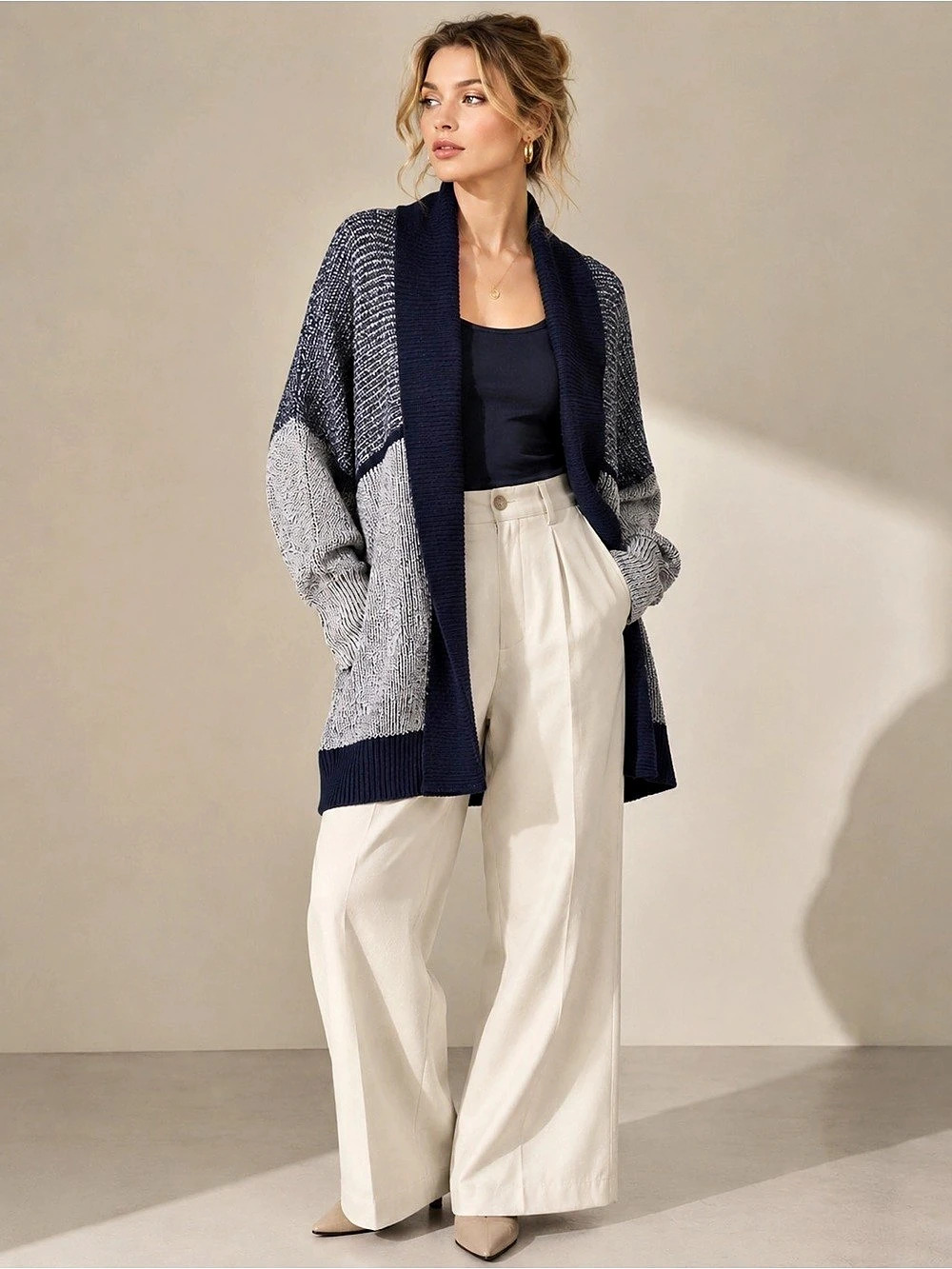 Gap Color Block Cotton Open Font Shawl-Style Cardigan Blue & White XXL